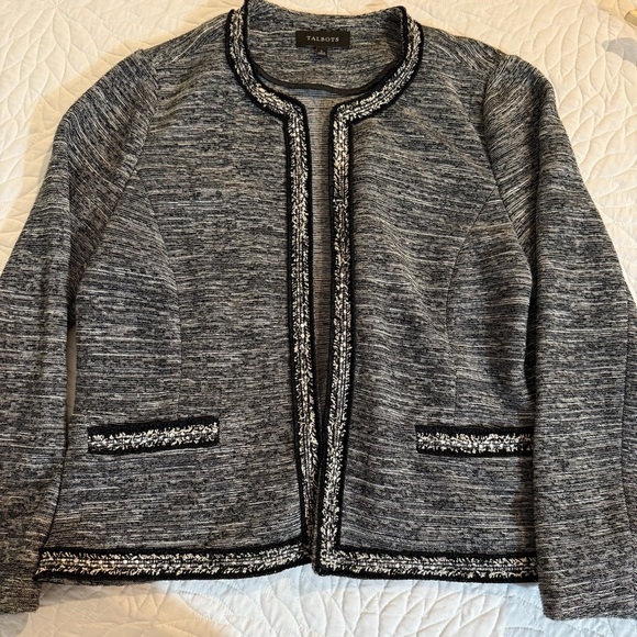 Talbots Jackets & Blazers - Talbots Open Front Tweed Blazer Womens Large Black Gray Long Sleeve